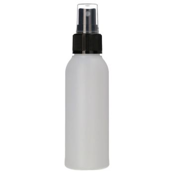 100 ml round bottle of HDPE matt transparent + spray pump black