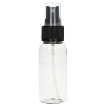 50 ml Ronde fles 100% gerecycled PET transparant met zwarte Spraypomp